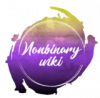 Logo von nonbinary.wiki, der Name auf einem wasserfarben-artigen Farbfleck in den Nichtbinär-Farben gelb, weiß, lila, schwarz.