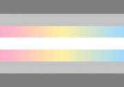 Demifluid-Flagge: gestreift dunkelgrau - hellgrau - Pastell-Regenbogen-Farbverlauf - weiß - Pastell-Regenbogen-Farbverlauf - hellgrau - dunkelgrau