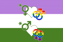 Girlfag-Guydyke-Flagge: Wie die Girlfag-Flagge, aber darunter nocheinmal das selbe mit Mars- und Venus-Symbolen vertauscht.