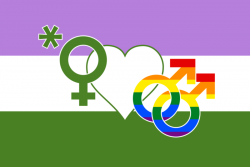 Girlfag-Flagge: lila-weiß-grün mit einem Venus-Symbol mit einem Stern, einem Herz und zwei aneinanderhängenden regenbogenfarbenen Mars-Symbolen